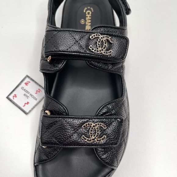 ❌❌ Chanel New 2022 Caviar Leather Quilted Chain CC Logo Slides Mules Dad Sandals - Picture 9 of 13